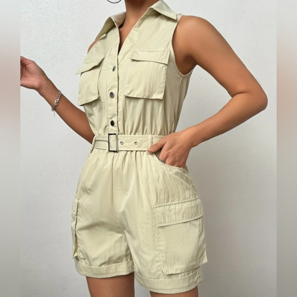 Women Beige Sleveless Belted Short Jumpsuit